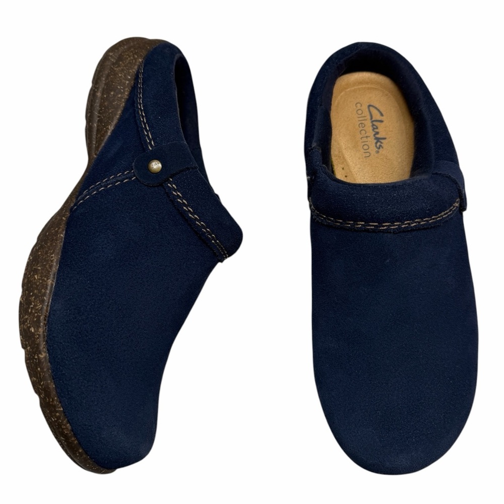 Clarks Roseville Drew navy suede leather clog mule shoe slip on comfort 7.5
